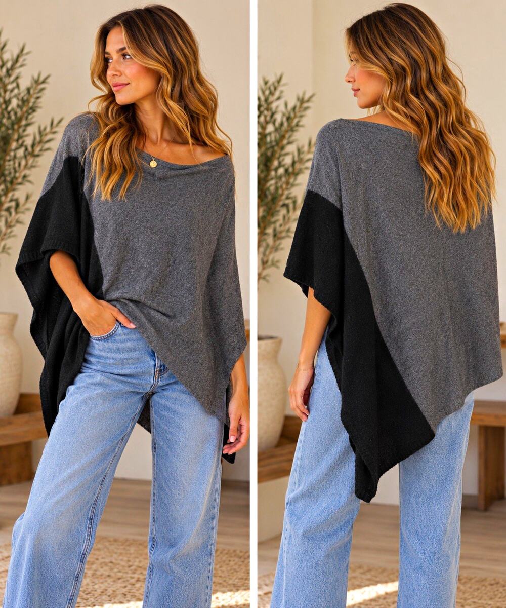 Celeste Gray/Black Colorblock Knit Poncho Sweater Wool Cashmere, One Size
